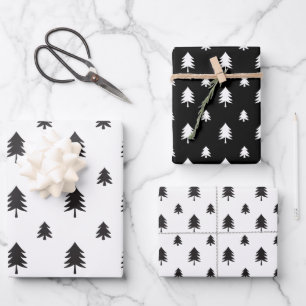 Schwarz & Weiß Modernes Weihnachtsbaummuster Geschenkpapier Set