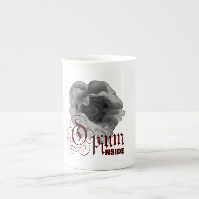 Schwarz-Weiß-Mohn "Opium Inside" Prozellantasse (Vorderseite)