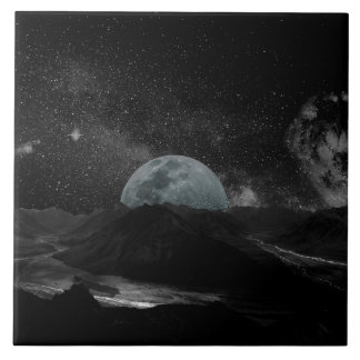 Schwarz-Weiß-Mond-Nacht-Himmel-Galaxie Fliese