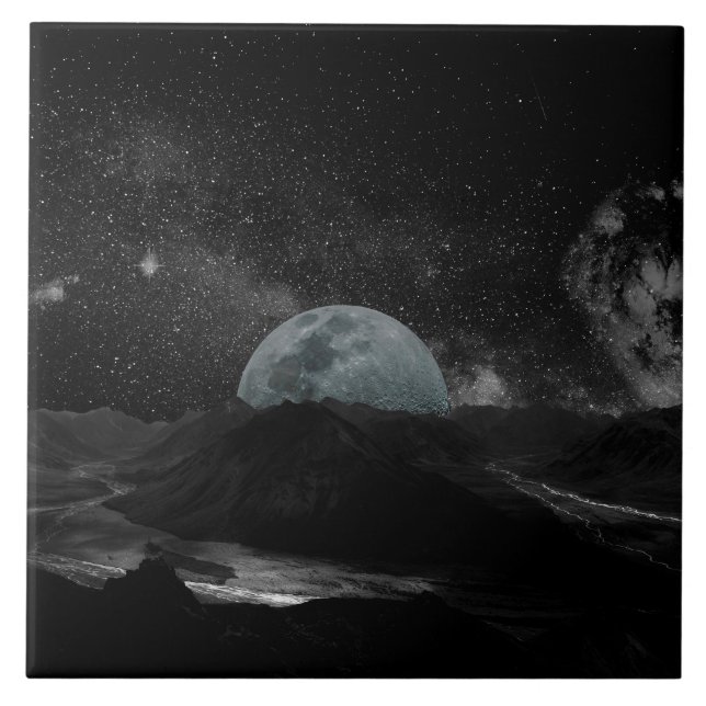 Schwarz-Weiß-Mond-Nacht-Himmel-Galaxie Fliese (Vorderseite)