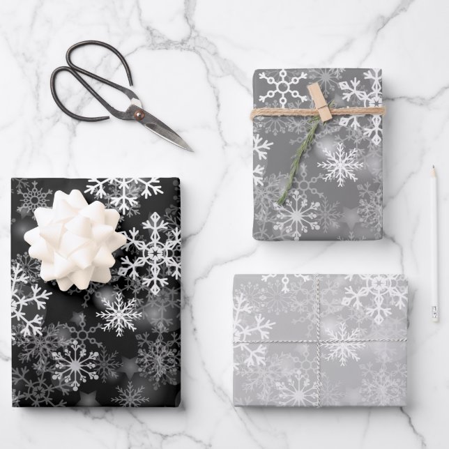 Schwarz-Weiß-Monochrome Snowflake Weihnachten Geschenkpapier Set (Vorderseite)
