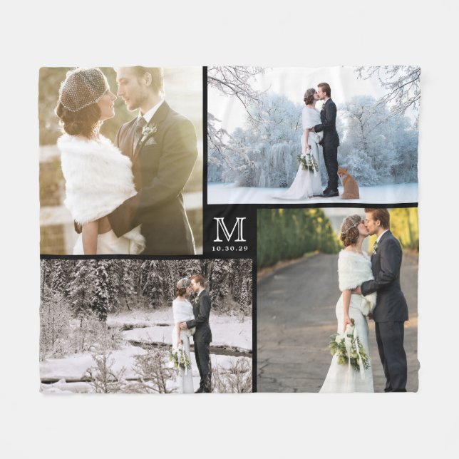 Schwarz-Weiß-Monogramm 4 Foto Collage Hochzeit Fleecedecke (Vorderseite (Horizontal))