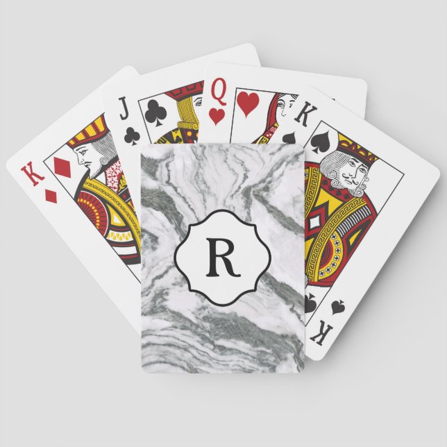 Schwarz-Weiß-Monogramm auf dramatischen grauen Mar Spielkarten (Rückseite)