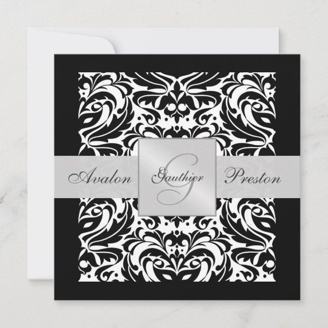 Schwarz-Weiß-Monogramm-Damask-Einladung Einladung (Vorderseite)