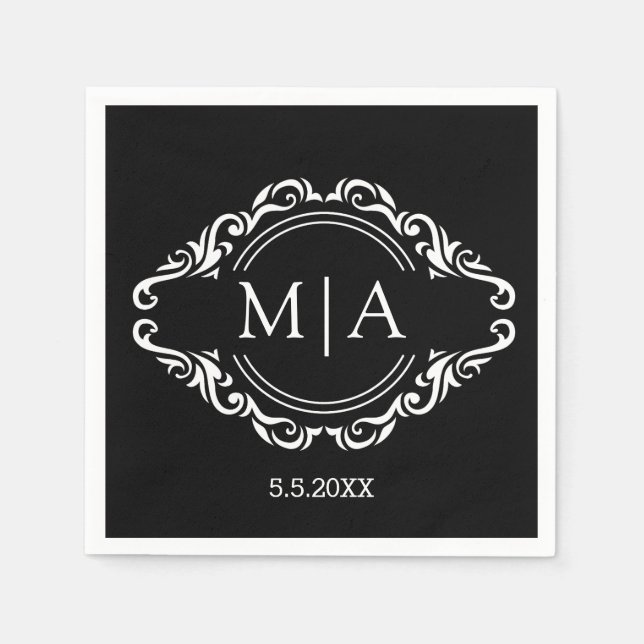 Schwarz-Weiß-Monogramm-Dekoration Serviette (Vorderseite)