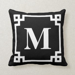 Schwarz-Weiß-Monogramm der griechischen Schlüsselg Kissen