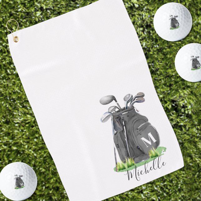 Schwarz-Weiß-Monogramm Golfhandtuch (Black Initial Name Monogram Golf Towel )