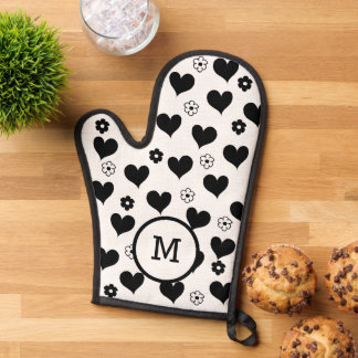 Schwarz-Weiß-Monogramm-Herz-Blume Ofenhandschuh