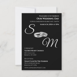 Schwarz-Weiß-Monogramm-Hochzeitsringe- Einladung
