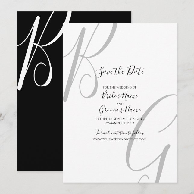 Schwarz-Weiß-Monogramm-Initialen Hochzeit Save The Date (Vorne/Hinten)