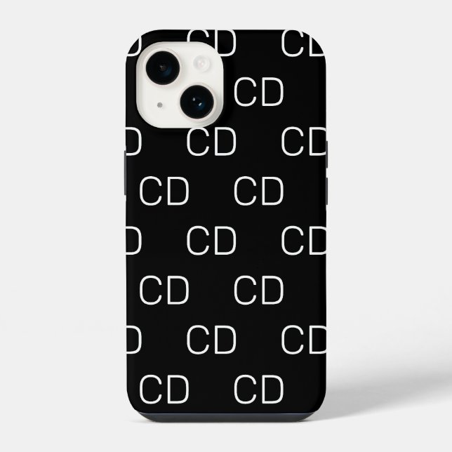 Schwarz-weiß-Monogramm-Initialen-Muster iPhone 14 Hülle (Rückseite)