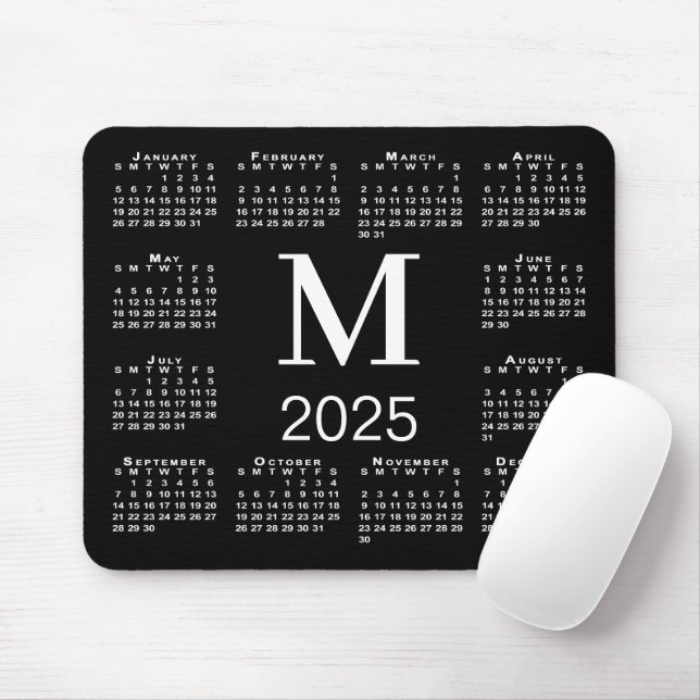 Schwarz-Weiß-Monogramm-Kalender 2025 Mousepad (Mit Mouse)