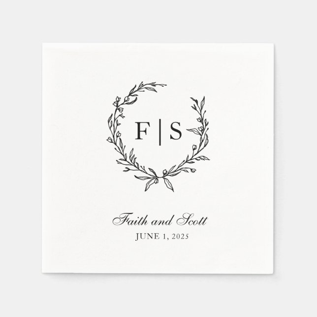 Schwarz-Weiß-Monogramm-Kranz Einweg-Napkins Serviette (Vorderseite)
