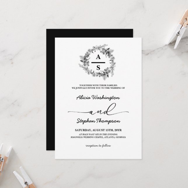 Schwarz-Weiß-Monogramm-Kraut Moderne Hochzeit Einladung (Vorderseite/Rückseite Beispiel)