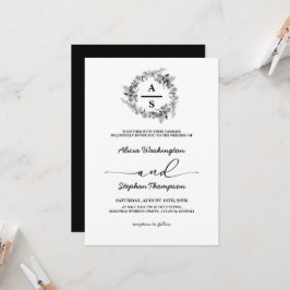 Schwarz-Weiß-Monogramm-Kraut Moderne Hochzeit Einladung