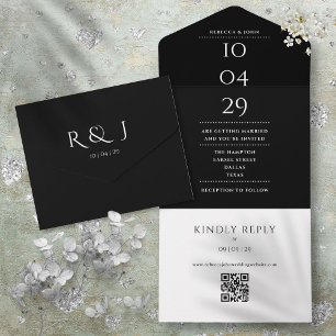 Schwarz-Weiß-Monogramm-QR-Code-Hochzeitsdatum All In One Einladung