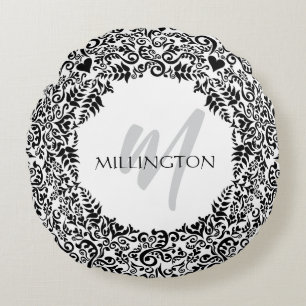 Schwarz-Weiß-Monogramm Rundes Kissen