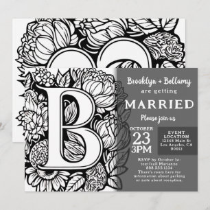 Schwarz-weiß Monogramm-Tattoo-Blumen-Hochzeit Einladung