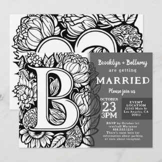 Schwarz-weiß Monogramm-Tattoo-Blumen-Hochzeit Einladung