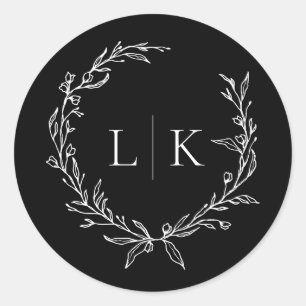 Schwarz-Weiß-Monogramm-Wraath-Hochzeit Runder Aufkleber