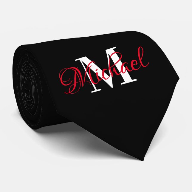 Schwarz-Weiß-Monogrammierer Necktie Krawatte (Gerollt)