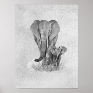 Schwarz-weiß-Motiv Mutter und Baby-Elefant   Poster