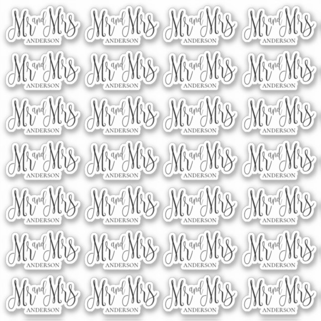 Schwarz-Weiß mr und mrs. Modernes Hochzeitsskript Aufkleber (Vorderseite)