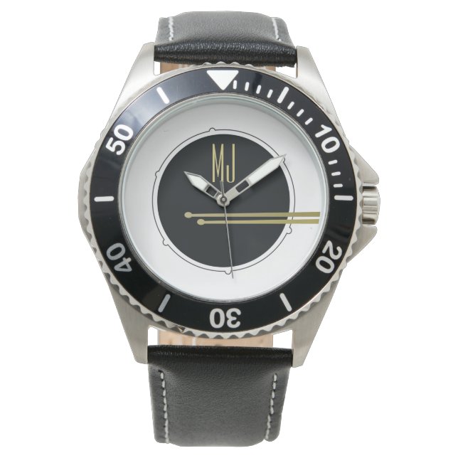 Schwarz-Weiß-Musik Moderne Coole Trommeln Monogram Armbanduhr (Vorderseite)
