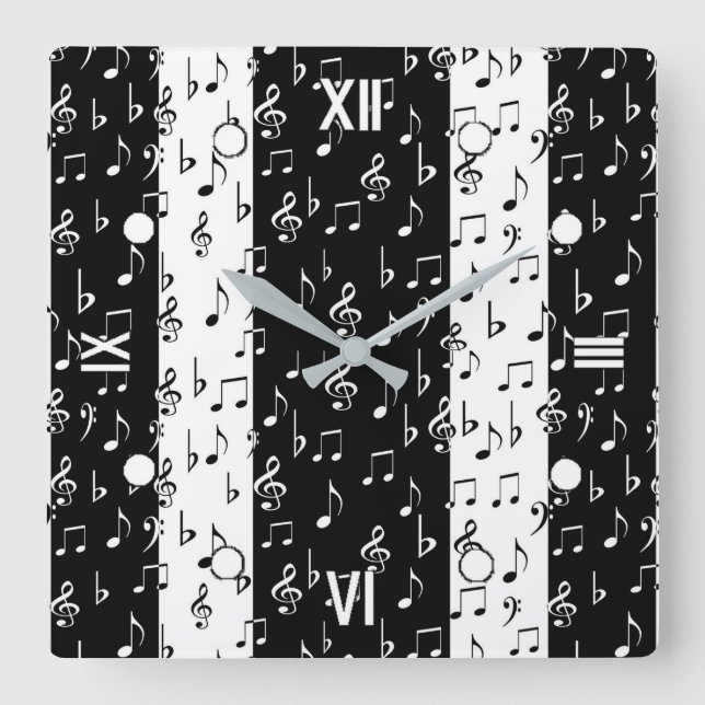Schwarz-Weiß-Musikanhänge Quadratische Wanduhr (Vorderseite)