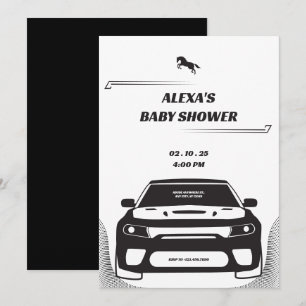 Schwarz-weiß Mustang Car Baby Dusche Einladung