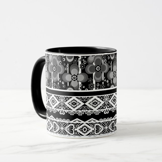 Schwarz-Weiß-Muster mit Spitze und Patchwork Tasse (Vorderseite Links)