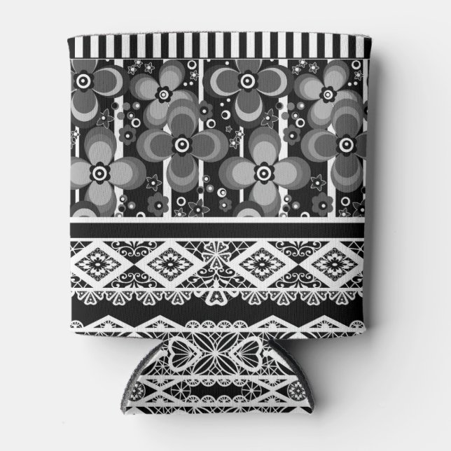 Schwarz-Weiß-Muster mit Spitzen und Patchwork Dosenkühler (Vorderseite)