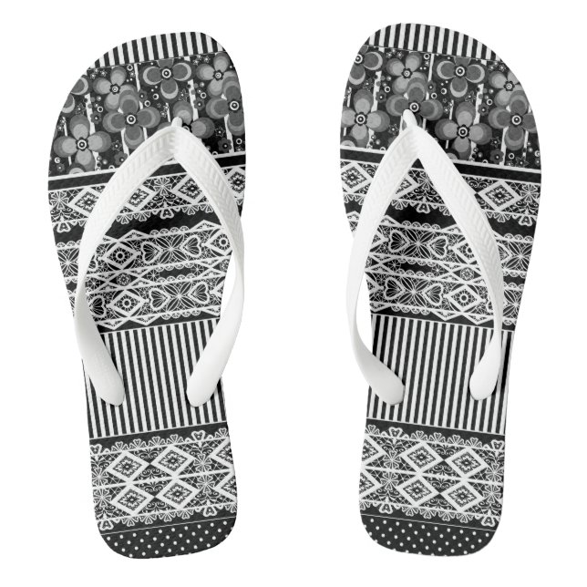 Schwarz-Weiß-Muster mit Spitzen und Patchwork Flip Flops (Fußbett)
