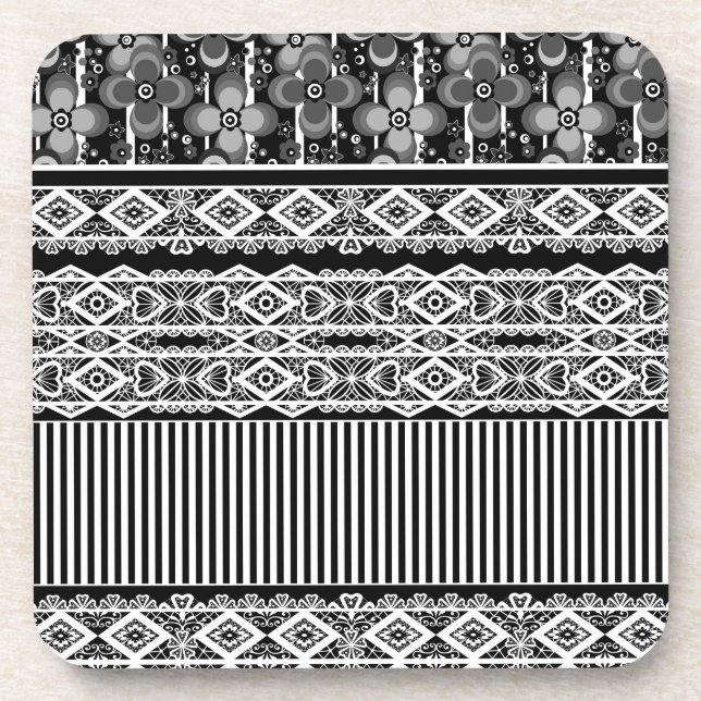 Schwarz-Weiß-Muster mit Spitzen und Patchwork Getränkeuntersetzer (Vorderseite)