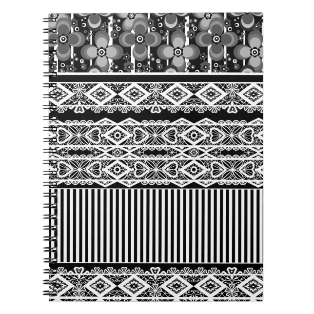 Schwarz-Weiß-Muster mit Spitzen und Patchwork Notizblock (Vorderseite)