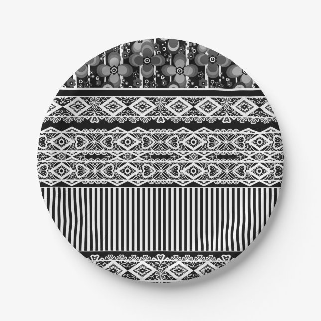 Schwarz-Weiß-Muster mit Spitzen und Patchwork Pappteller (Vorderseite)
