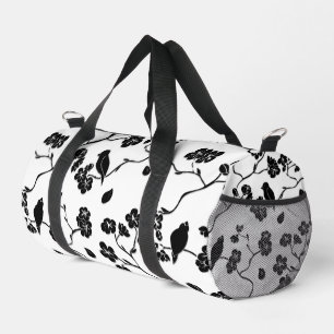 Schwarz-Weiß-Muster Vögel auf Kirschblüten Duffle Bag