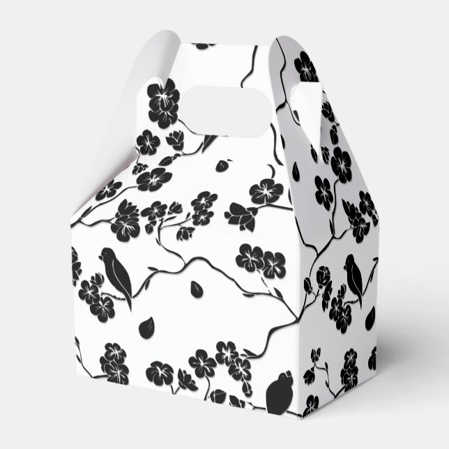 Schwarz-Weiß-Muster Vögel auf Kirschblüten Geschenkschachtel (Vorderseite)