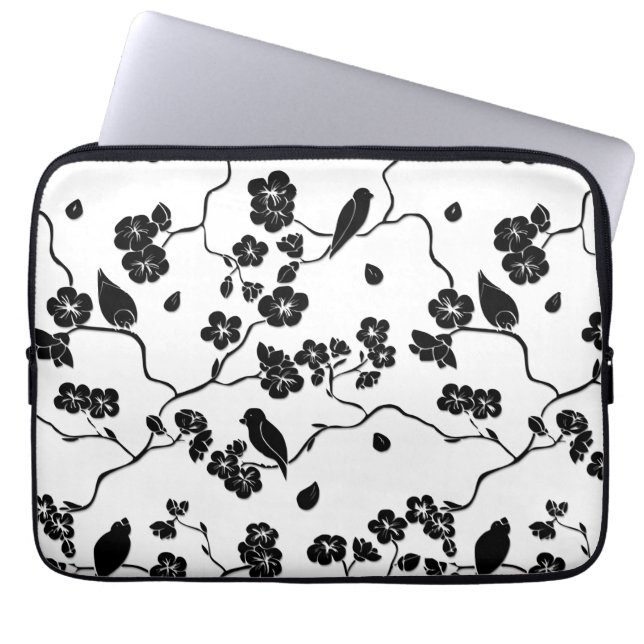 Schwarz-Weiß-Muster Vögel auf Kirschblüten Laptopschutzhülle (Vorderseite)