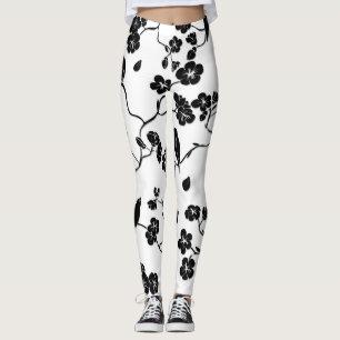 Schwarz-Weiß-Muster Vögel auf Kirschblüten Leggings