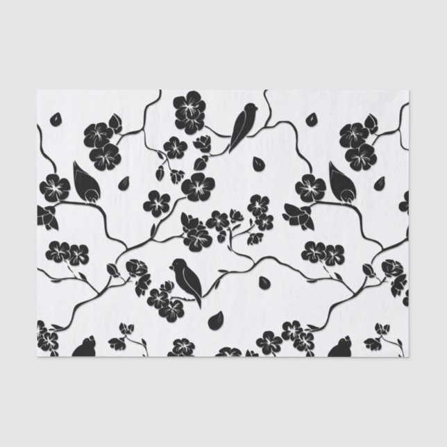 Schwarz-Weiß-Muster Vögel auf Kirschblüten Seidenpapier (Vorderseite)