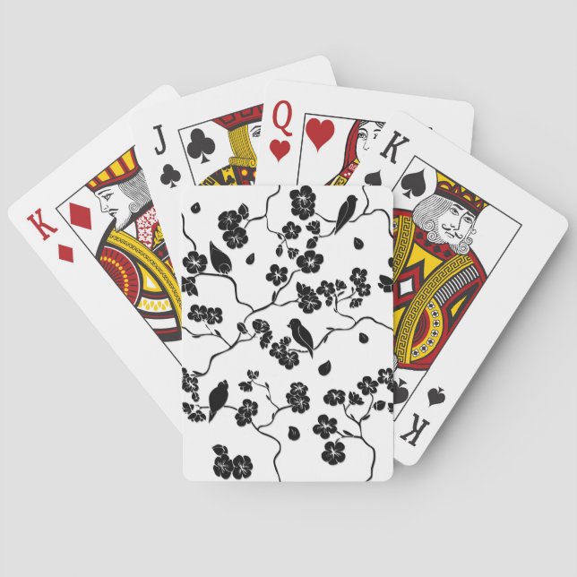 Schwarz-Weiß-Muster Vögel auf Kirschblüten Spielkarten (Rückseite)