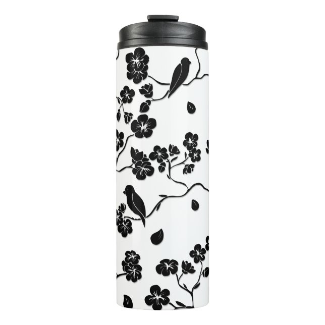 Schwarz-Weiß-Muster Vögel auf Kirschblüten Thermosbecher (Vorderseite)
