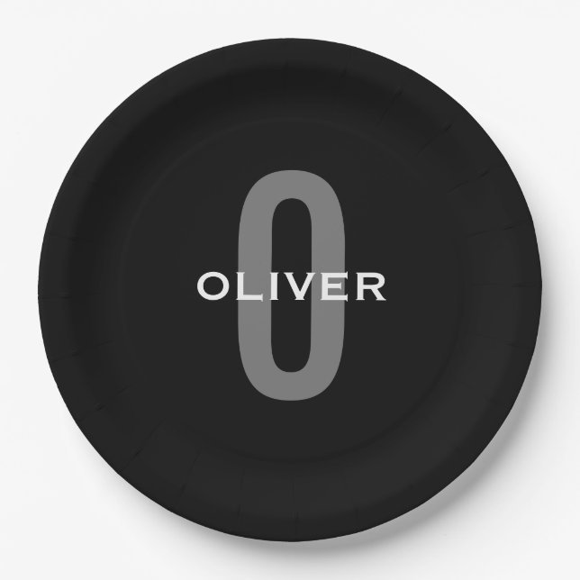 Schwarz-Weiß-Name der personalisierten Monogramm Pappteller (Vorderseite)