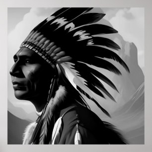 Schwarz Weiß Native American Indian Mann Monochrom Poster