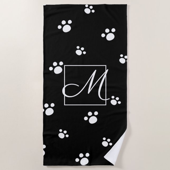 Schwarz/Weiß Niedlich Dog PW Druckmuster Monogramm Strandtuch (Vorderseite)