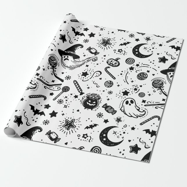 Schwarz-Weiß-Niedliche Halloween-Kunst Geschenkpapier (Ungerollt)