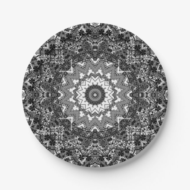 Schwarz-weiß, offen, Mandala Pappteller (Vorderseite)