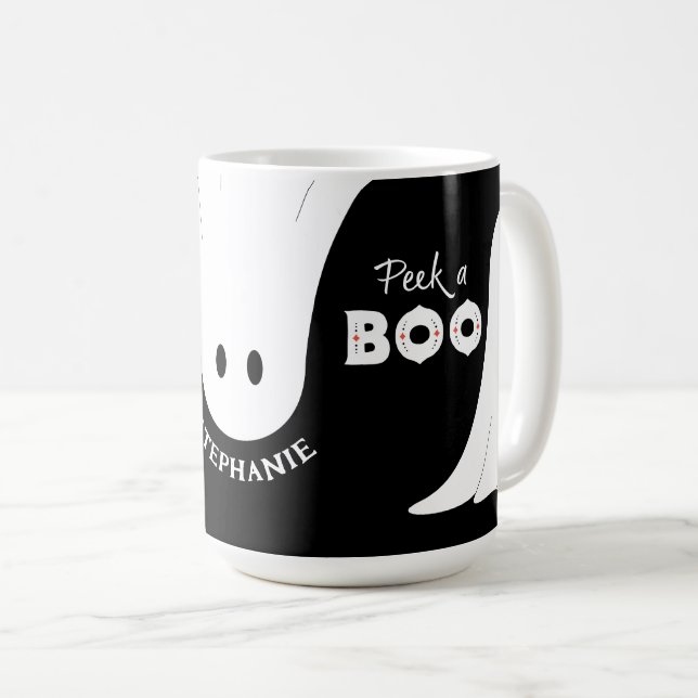 Schwarz-weiß Orange Flüchtige Blick a Boo Ghosts H Kaffeetasse (VorderseiteRechts)