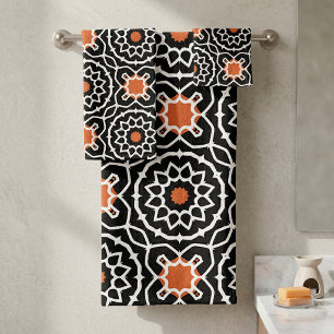 Schwarz Weiß Orange Marokkanisches Geometrisches F Badhandtuch Set